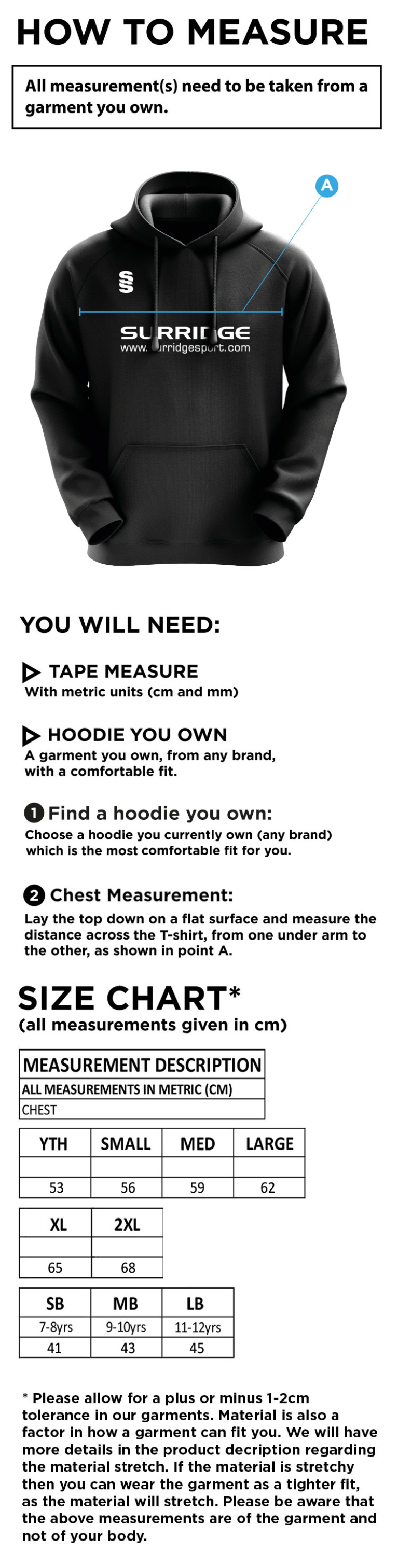 Slinfold CC - Blade Hoody - Size Guide