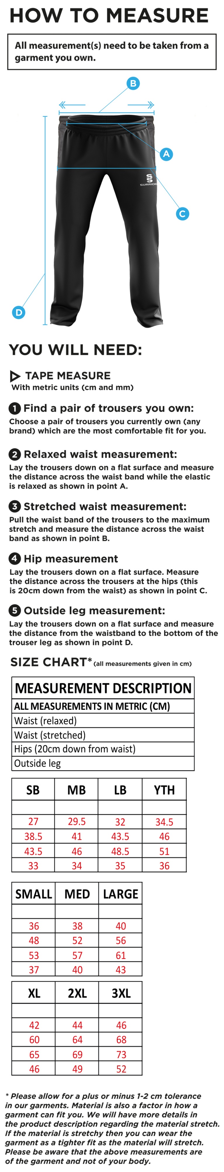 Slinfold CC - Rip Stop Track Pant - Size Guide