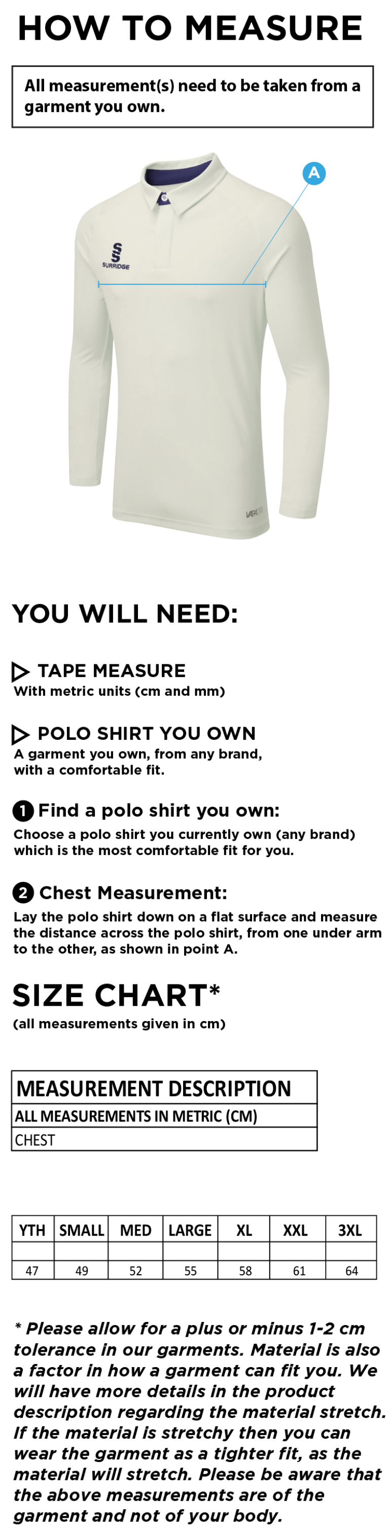 Slinfold CC - Tek L/S Cricket Shirt - Size Guide