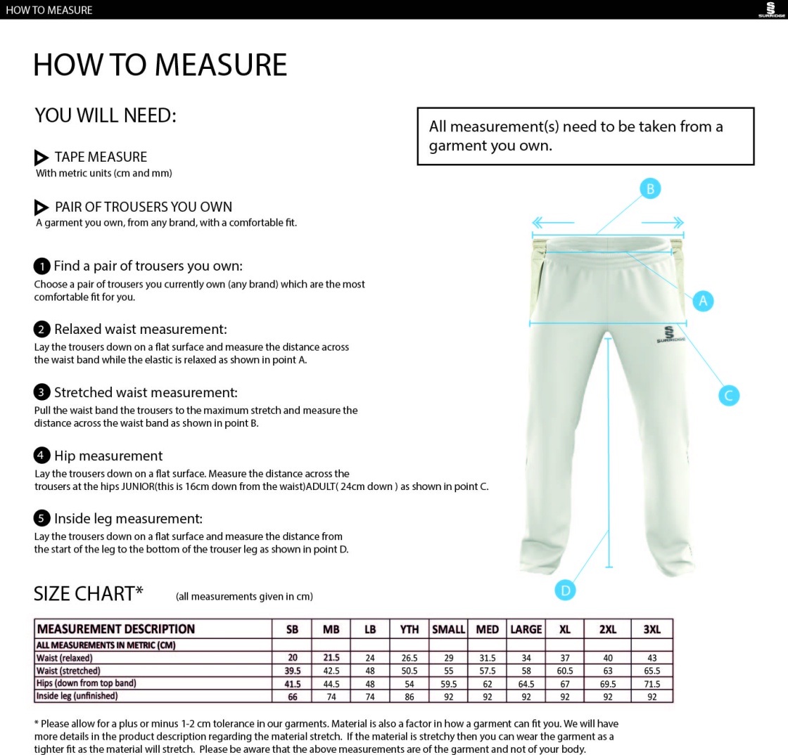 Slinfold CC - Standard Playing Pant - Size Guide