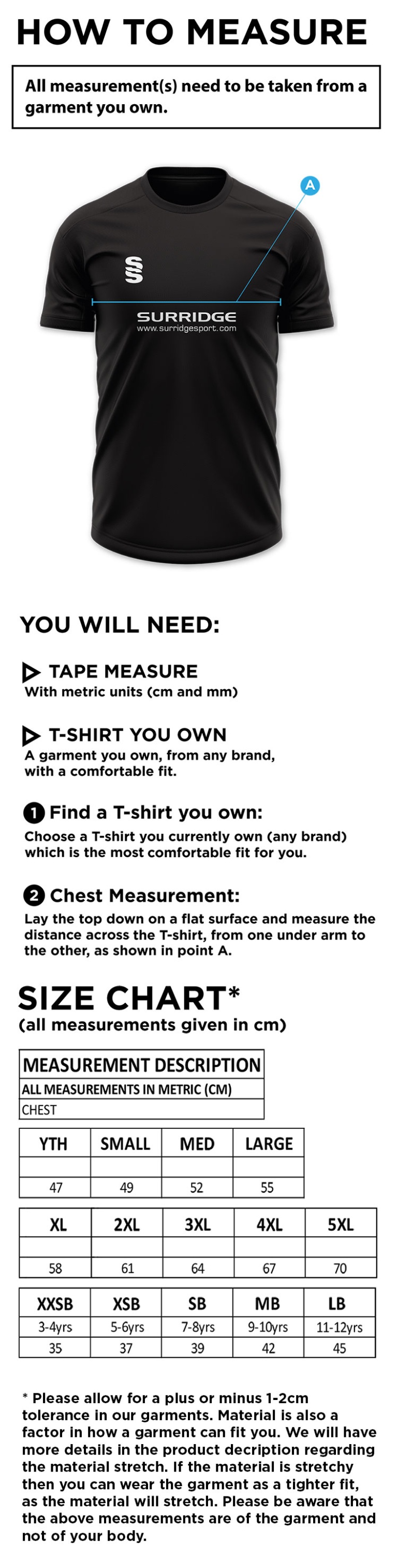 Slinfold CC - Blade Training Shirt - Size Guide
