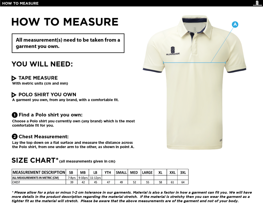 Slinfold CC - Tek S/S Cricket Shirt - Size Guide