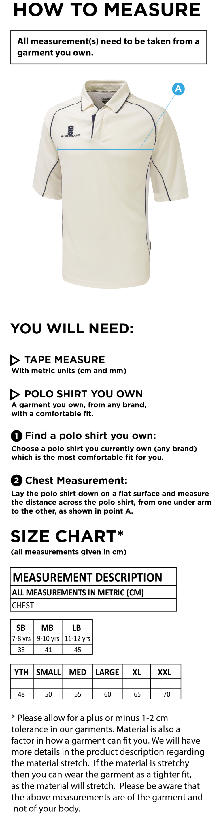 Slinfold CC - Premier Cricket Shirt - 3/4 Sleeve - Size Guide