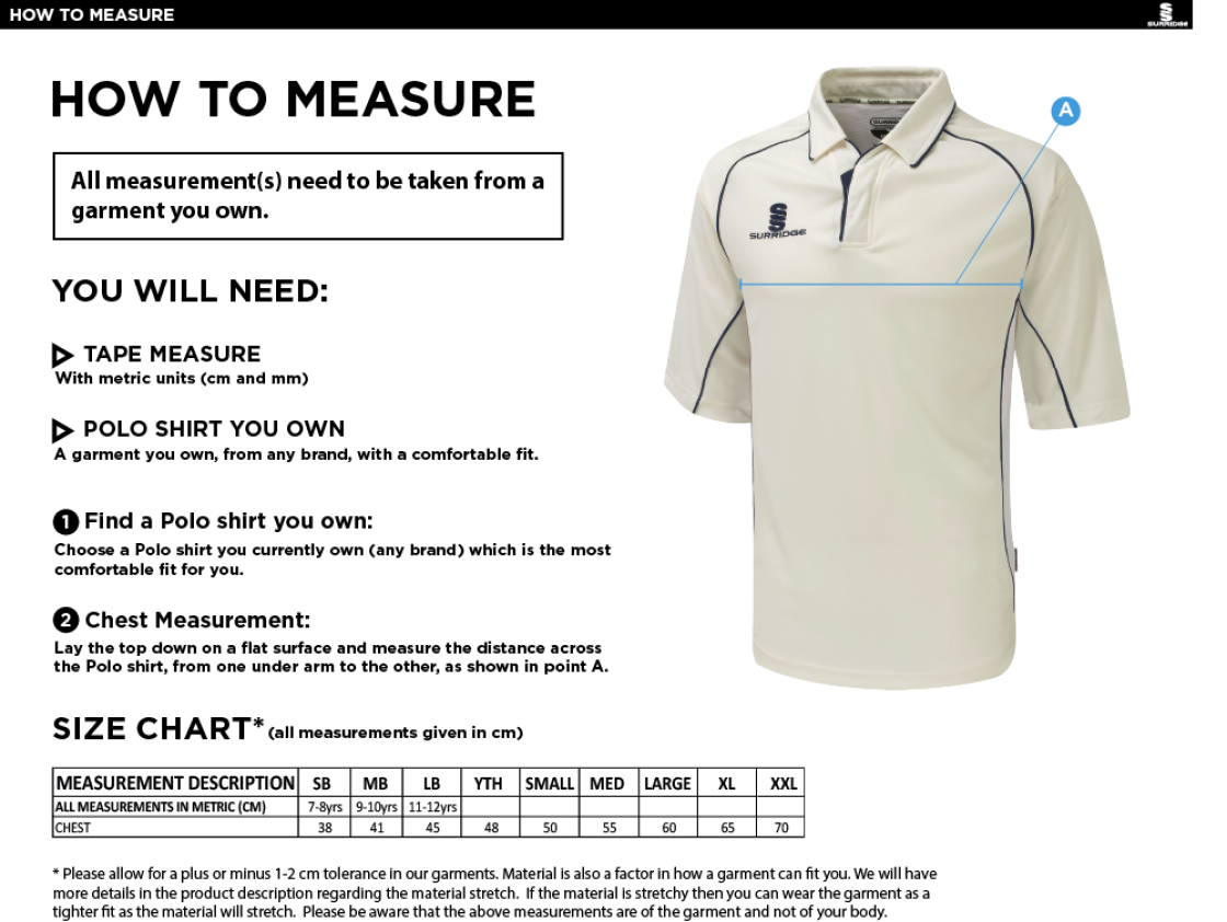 Slinfold CC - Premier Cricket Shirt - 3/4 Sleeve - Size Guide