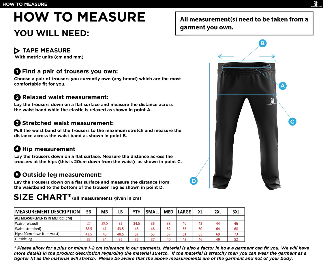 Slinfold CC - Rip Stop Track Pant - Size Guide