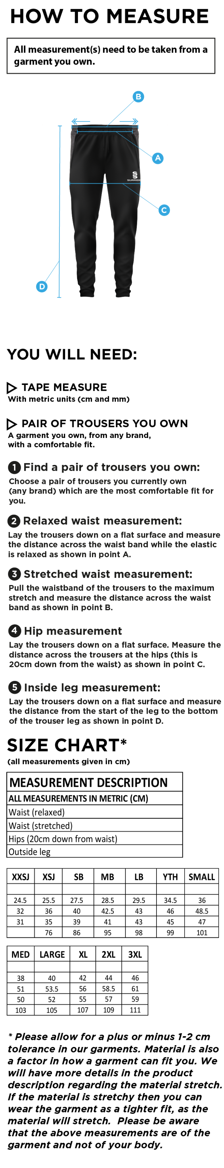 Slinfold CC - Tek Slim Training Pants - Size Guide