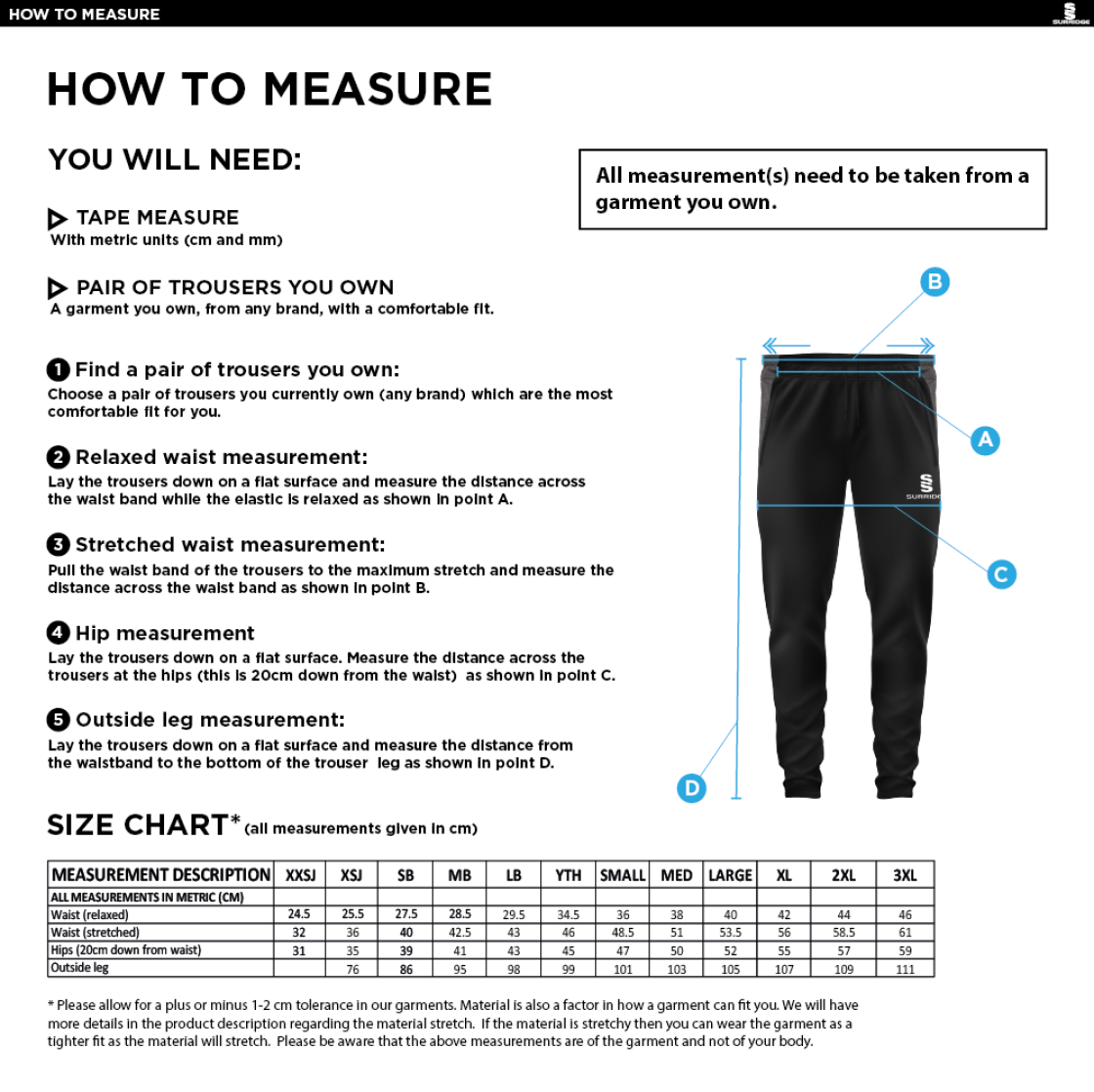 Slinfold CC - Tek Slim Training Pants - Size Guide