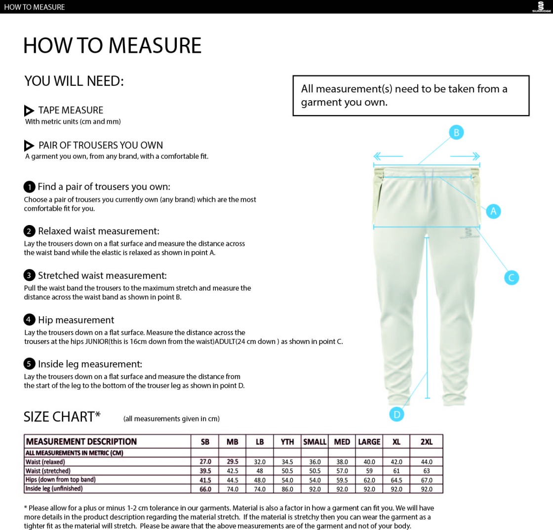 Slinfold CC - Tek Cricket Pants - Size Guide