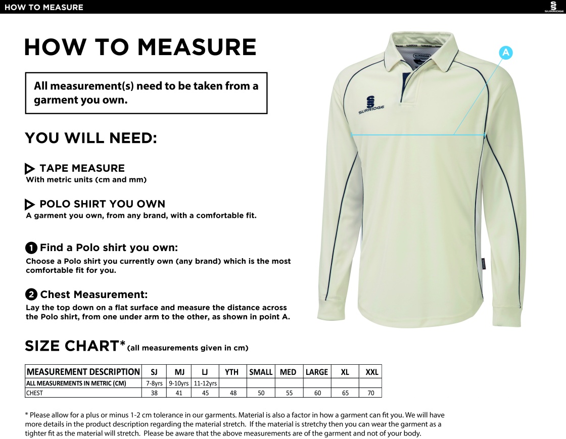 Slinfold CC - Premier Cricket Shirt - L/S Sleeve - Navy Trim - Size Guide