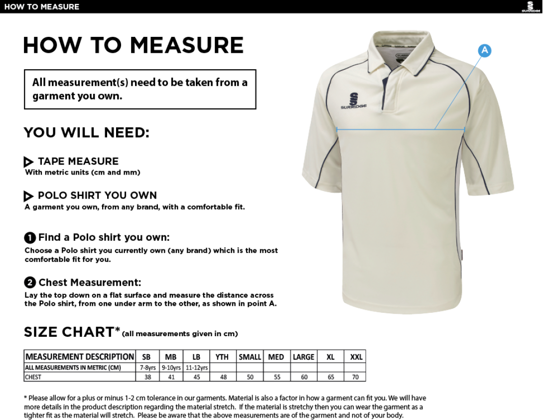 Slinfold CC - Premier Cricket Shirt - 3/4 Sleeve - Size Guide