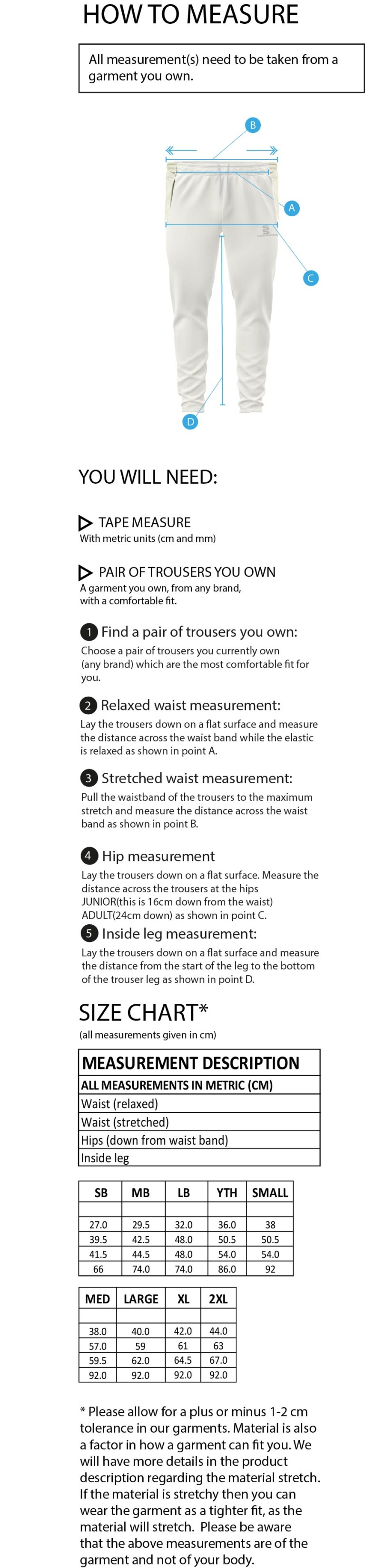 Slinfold CC - Tek Cricket Pants - Size Guide