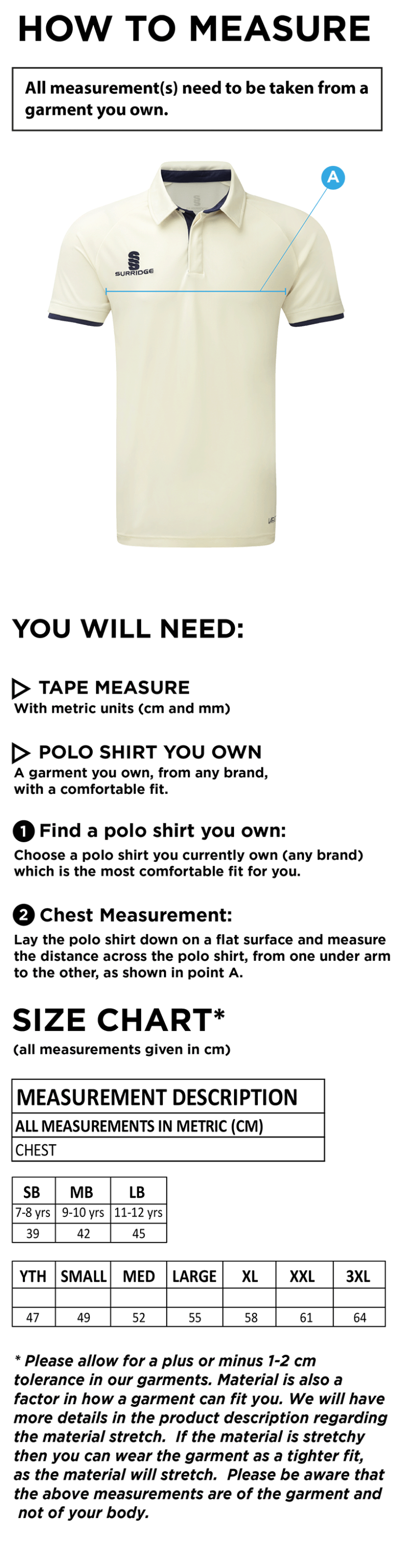 Slinfold CC - Tek S/S Cricket Shirt - Size Guide