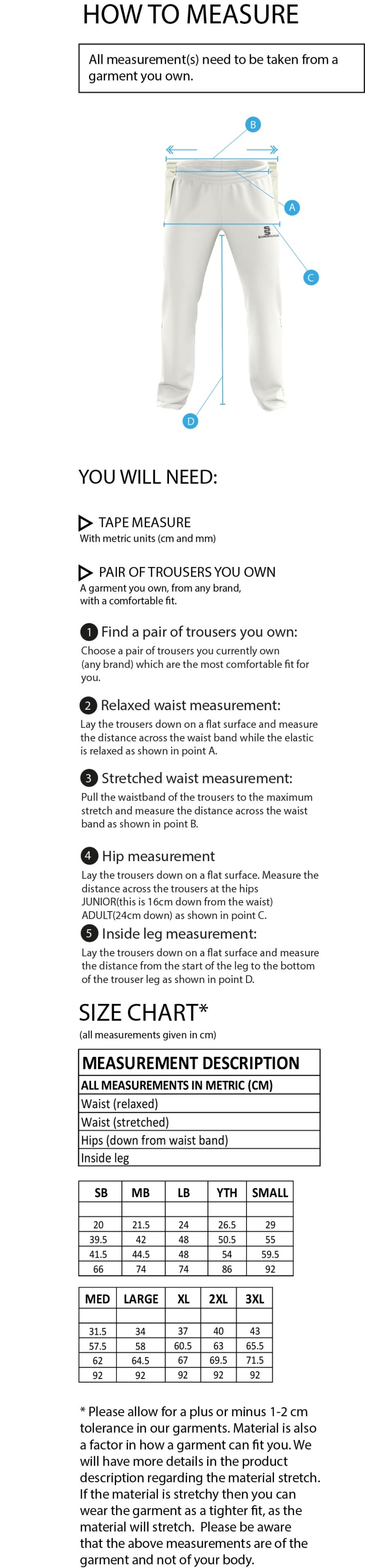 Slinfold CC - Standard Playing Pant - Size Guide