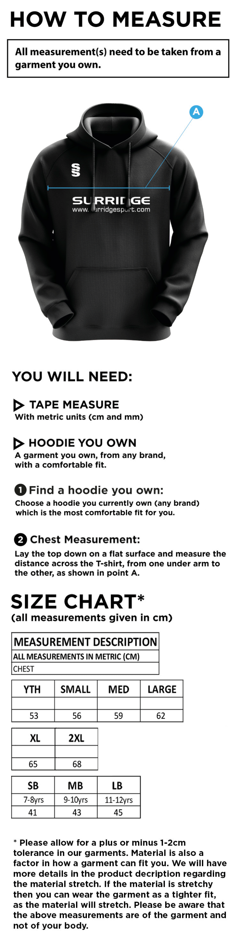 Slinfold CC - Blade Hoody - Size Guide