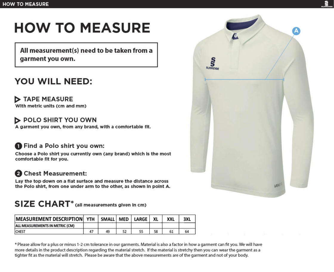 Slinfold CC - Tek L/S Cricket Shirt - Size Guide